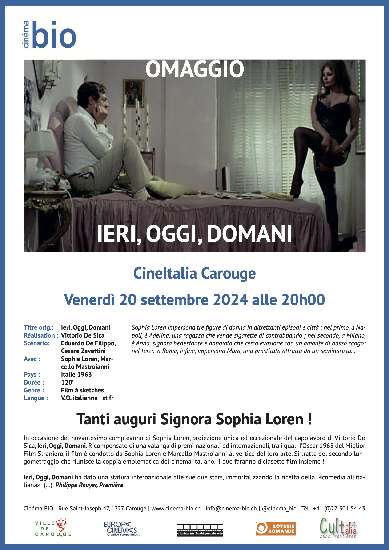 Venerdì 20 settembre 2024: Ieri, oggi, domani - Omaggio a Sophia Loren